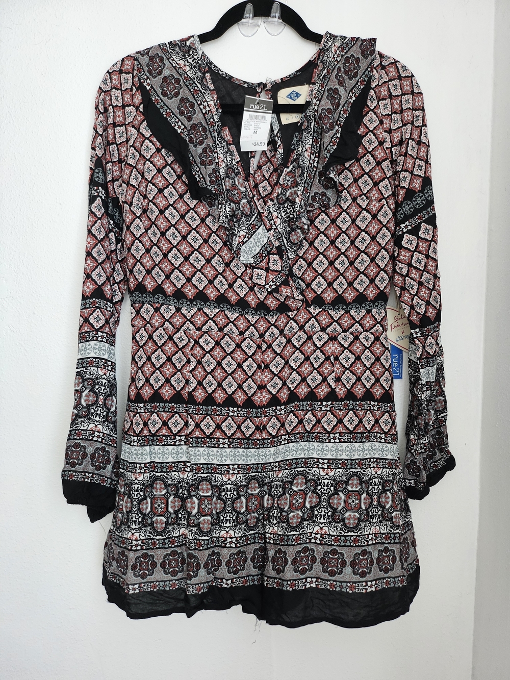 Rue21 Red and Black Bohemian Long Sleeve Tunic Dress NWT